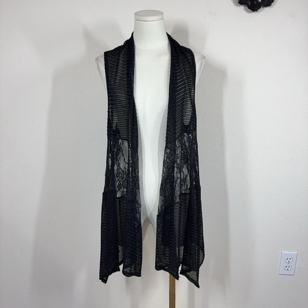 Vintage Keren Hart Vest Women Large Black Knit Lace USA Sheer Boho Layering Y2K
